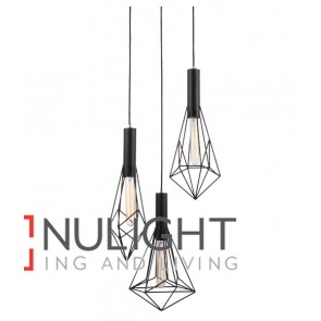 PENDANT ES x 3 72W Black IRON CAGE VARIED / Round BASE OD390mm x L800mm Carbon Filament Globes incl CLA